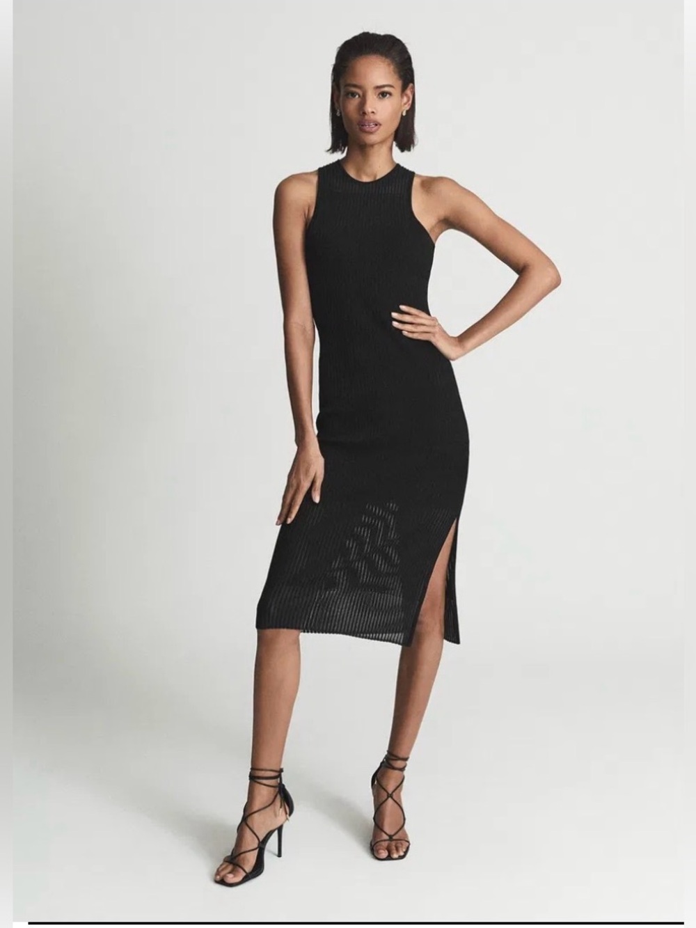 REISS Aurelia Knit Bodycon Midi Dress Black Sleeveless Ribbed Medium M